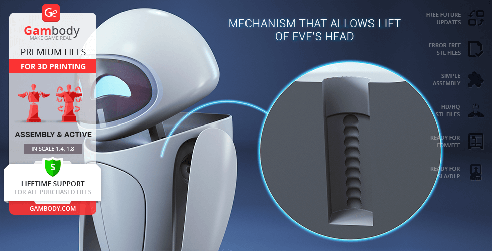 3D model of EVE from a video game, showing head lift mechanism for 3D printing assembly.