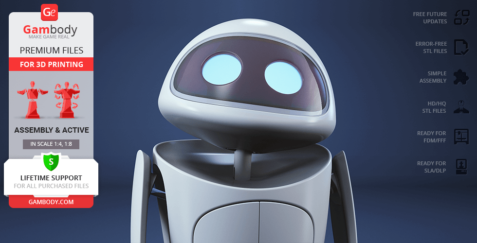 A 3D model render of a sleek, white futuristic robot with glowing eyes, designed for 3D printing.