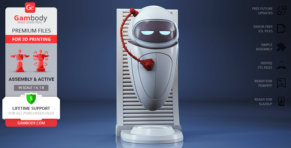 Futuristic white robot with a blue visor and red light, mounted on a sleek display stand.