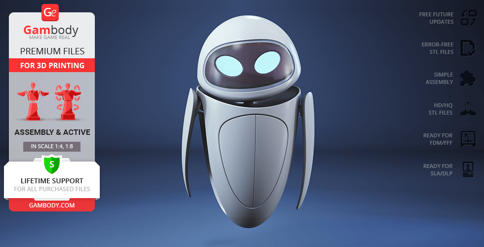 Futuristic white robot model with glowing blue eyes, designed for 3D printing.