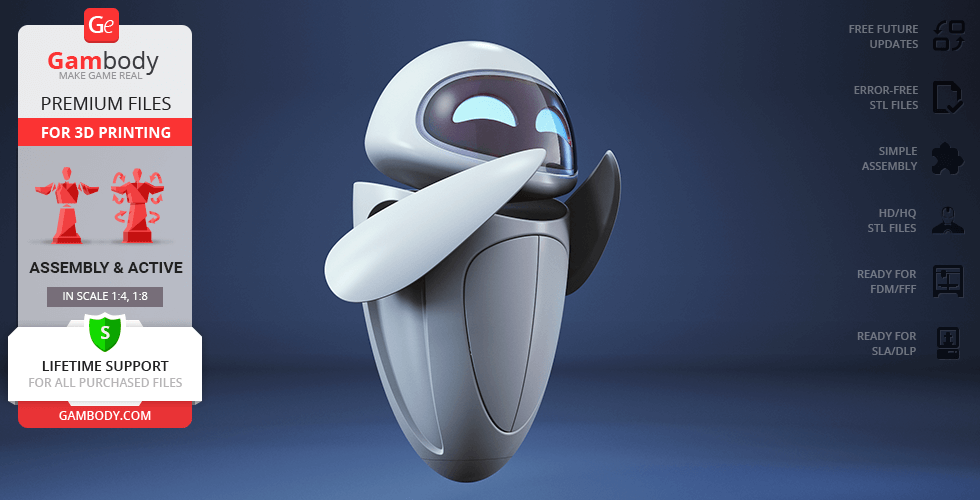 A 3D model of a sleek, white robotic character with a visor-like face, designed for 3D printing.