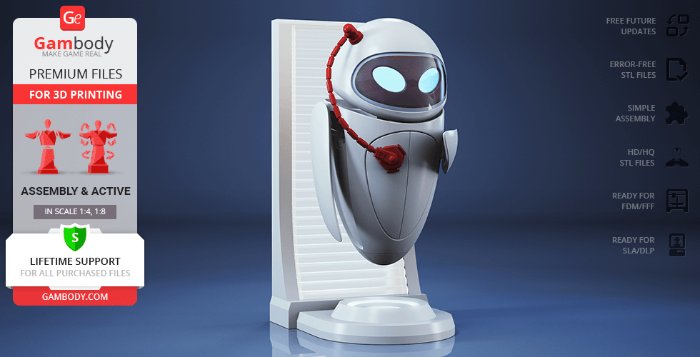 A glossy, futuristic robot model with luminous eyes on a display base, designed for 3D printing.