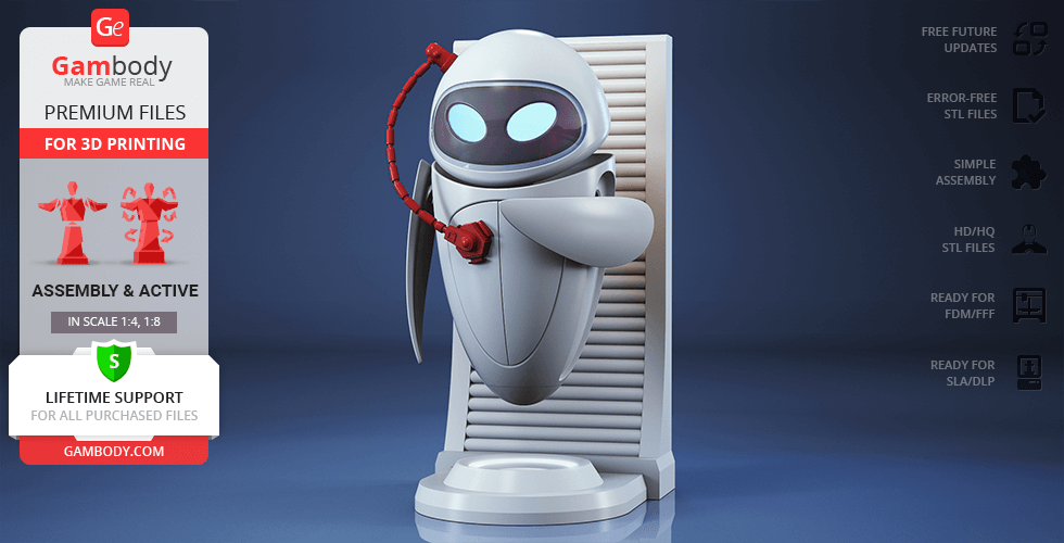 A sleek, futuristic robot figure with glowing eyes, posed on a stand for 3D printing.