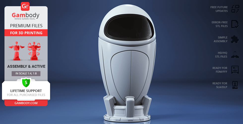 A sleek, futuristic robot model designed for 3D printing, with a smooth, rounded white body and dark face screen.