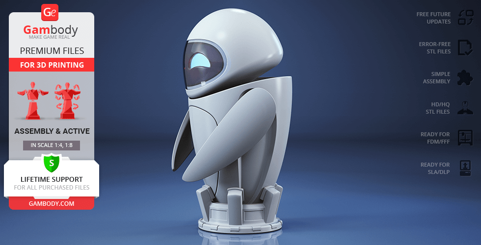 A sleek, futuristic robot figure designed for 3D printing, featuring rounded features and a glowing eye.