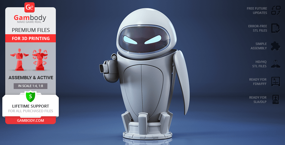 A sleek humanoid robot model with blue eyes, ideal for 3D printing, featured on a blue background.