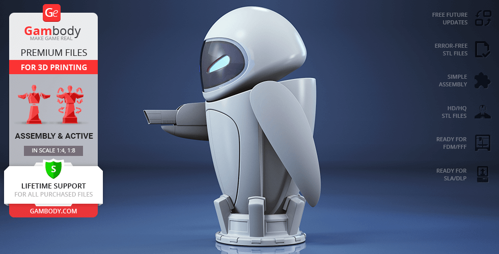 A sleek white robot model with a smooth, rounded design, suitable for 3D printing.