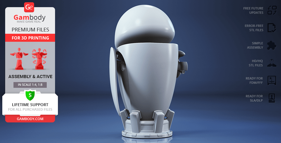 3D model of a streamlined, cylindrical robot with smooth surfaces, ready for 3D printing.