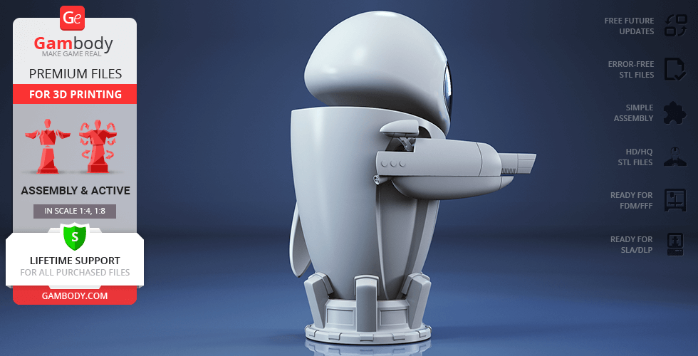 A 3D model of a sleek, futuristic robot designed for 3D printing, shown in a side view.