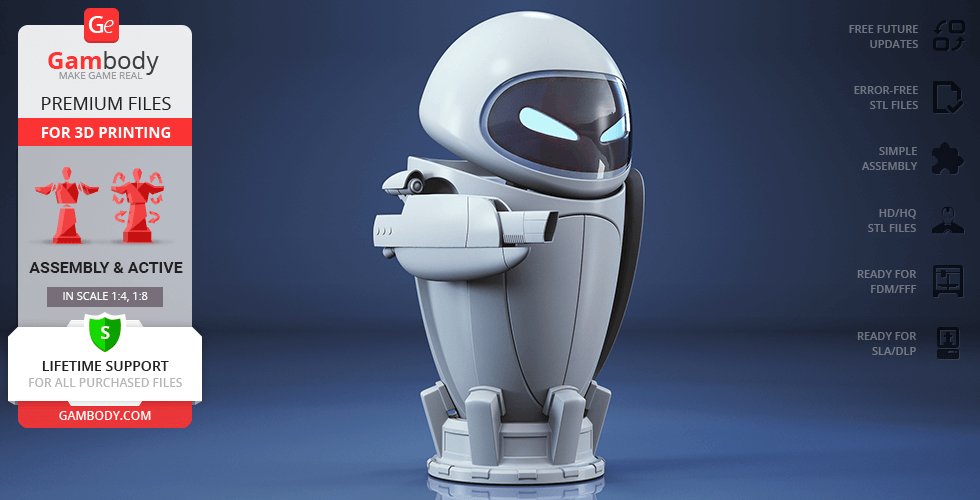 A sleek, white robot model from Gambody, designed for 3D printing, with glowing blue eyes and futuristic features.