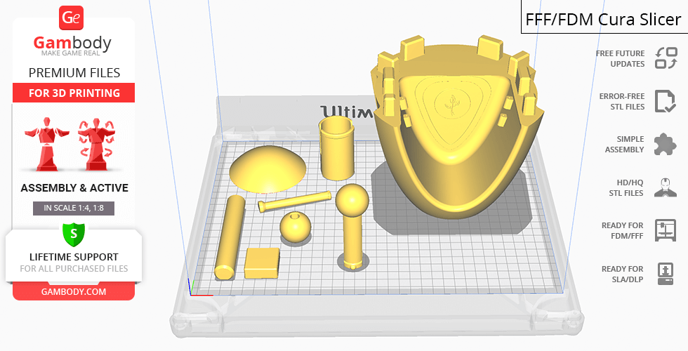 Yellow 3D model parts for printing, including a curved shield-like piece and cylindrical components.