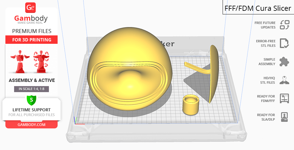 3D model components for EVE from 'WALL-E,' displayed on a Cura slicer platform for 3D printing.