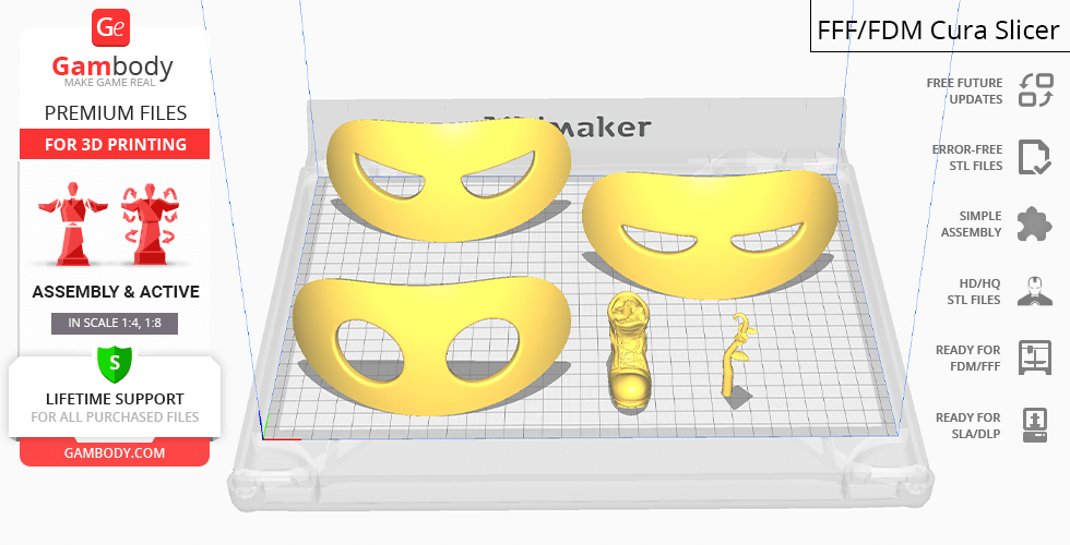 3D printing model of a character set with two yellow masks and small ornamental pieces on a grid.