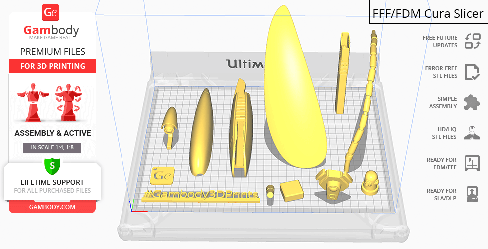 3D printing file layout for EVE model with multiple parts on a slicing software interface.