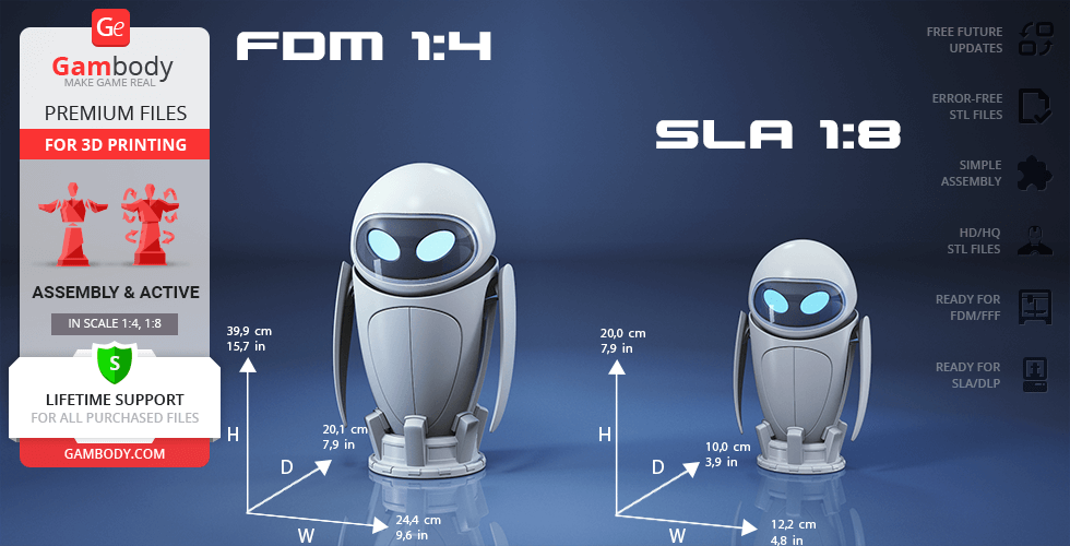 Two EVE robot 3D models for printing, shown in different scales (1:4 and 1:8) with dimensions.