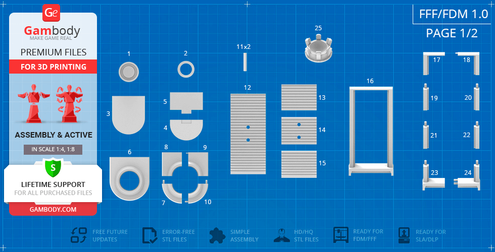 Blueprint-style layout of EVE model parts for 3D printing, labeled and organized on a blue grid background.