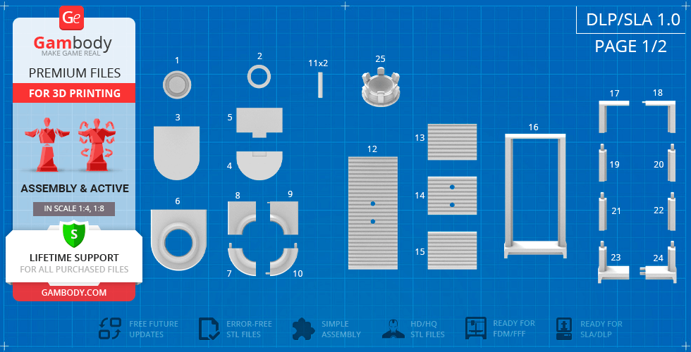 Blueprint with labeled 3D printing parts for a model, featuring various shapes and components.