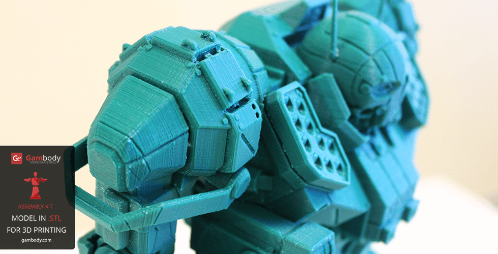 Green 3D-printed model of a robotic mech with intricate armor and weapon details.