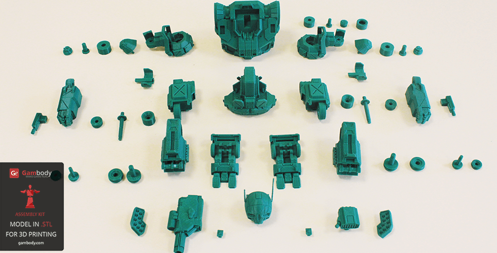 Scattered green 3D-printed parts for assembling the MWO Atlas model from Gambody.