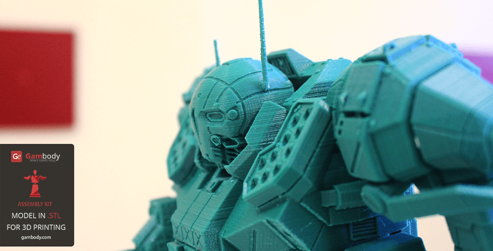 3D-printed teal mech model with angular armor and antennas. Gambody STL file promotion in corner.