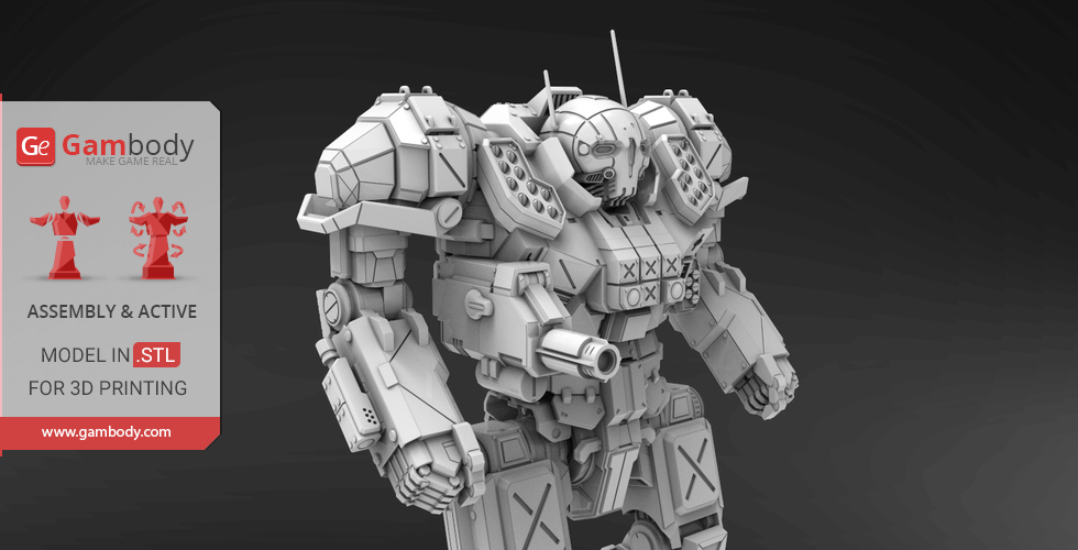 A detailed 3D model of a mech robot with angular armor, ready for 3D printing.