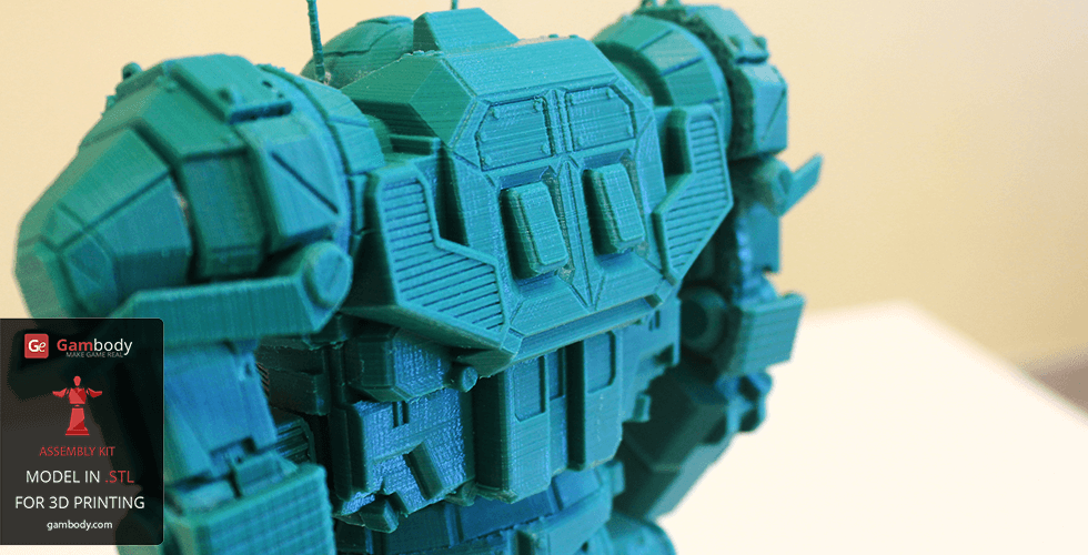 3D-printed teal Atlas mech model from MWO, detailed with angular armor plating.