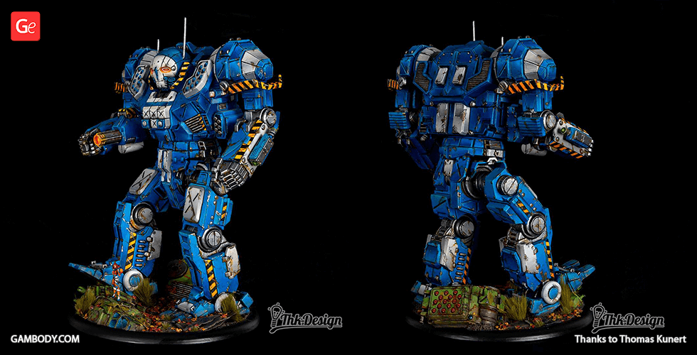 A detailed blue mech robot from MechWarrior, posed on a decorative base, shown from front and back.