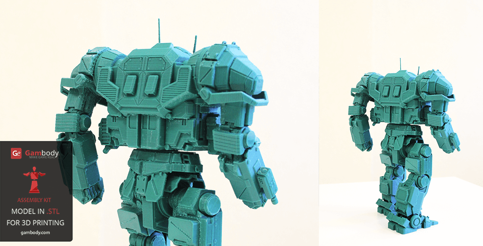 A detailed 3D model of a robotic mech suit, designed for 3D printing, seen from the back.