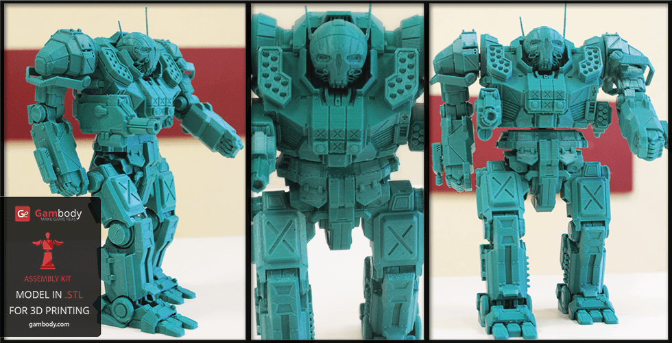 A detailed 3D model of the MWO Atlas mech, featuring intricate armor and weaponry details.