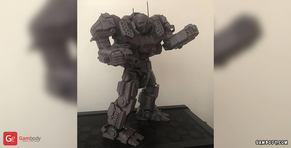 A detailed 3D-printed model of a mech robot in a dynamic pose, designed for tabletop display.