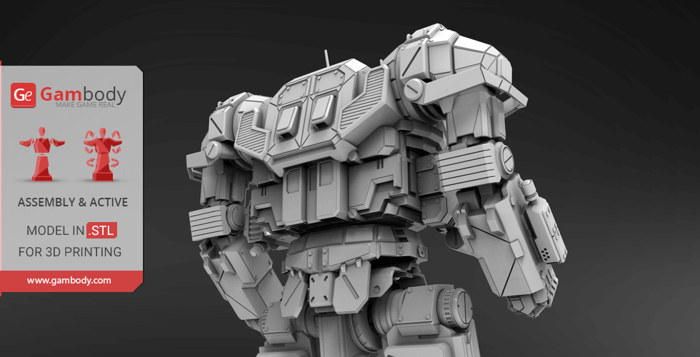 A detailed 3D model of a bulky robotic mech suit, viewed from the back, designed for 3D printing.