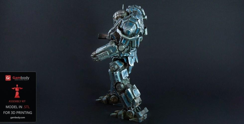 A detailed 3D model of a futuristic mech robot in a metallic finish, ready for 3D printing.