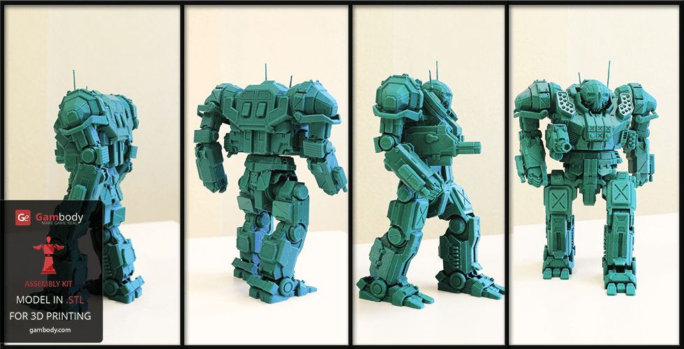 A detailed, teal 3D model of a mechanical robot viewed from multiple angles for printing.