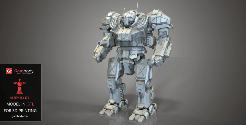 A detailed 3D model of a mech warrior with armored plating and weaponry, ideal for 3D printing.