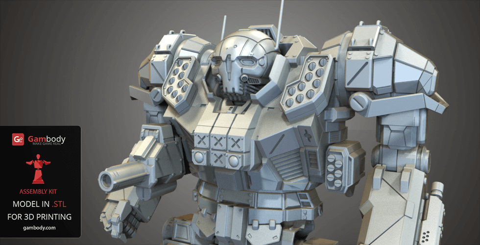 A detailed 3D model of a futuristic robot mech, the Atlas, with intricate armor and weaponry for 3D printing.