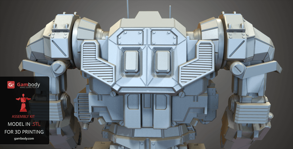 Back view of a detailed robotic mech model for 3D printing, featuring intricate mechanical parts.