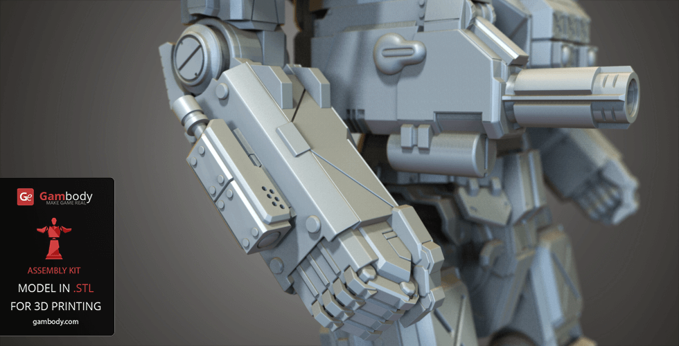 Close-up of a detailed mechanical robot arm with intricate components, designed for 3D printing.