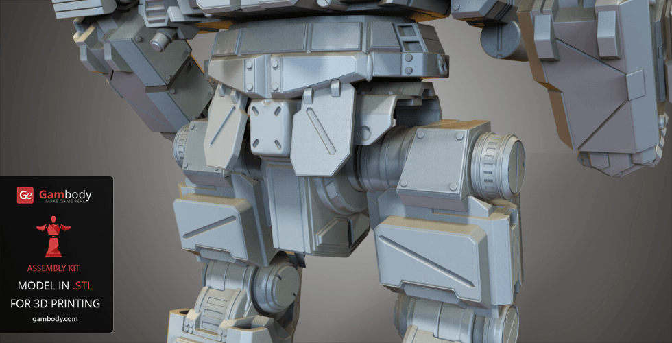 A detailed 3D model of a robotic mech torso and legs, designed for 3D printing, featuring armor plating.