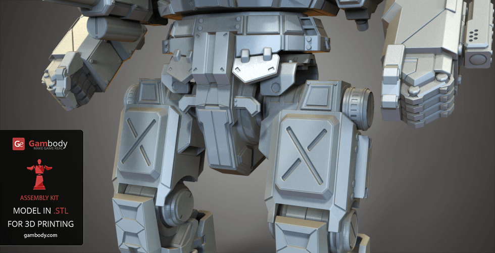 Detailed 3D model of a mech suit's lower torso and legs with geometric details.