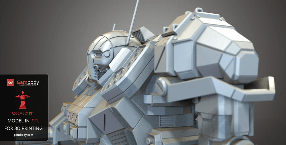 Angular, futuristic mech design with detailed armor plates and a robust build, suitable for 3D printing.