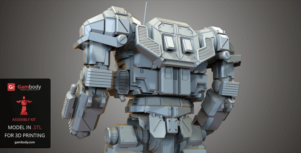 A detailed, heavy-set robot with angular armor plates, designed for 3D printing.