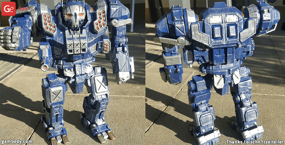 A detailed 3D printed model of the MWO Atlas mech, painted in blue and silver, shown from front and back.