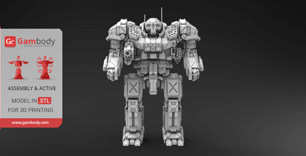 A detailed 3D model of a MWO Atlas mech designed for 3D printing, shown from the front.