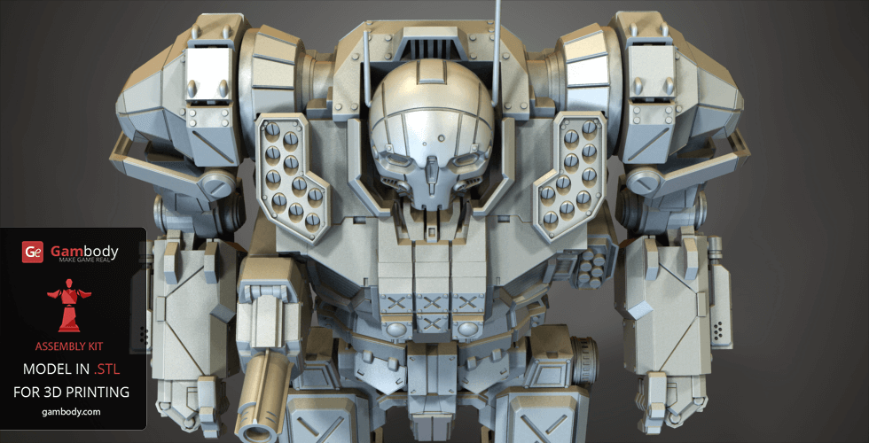 A 3D model of a bulky, armored mech robot from a video game, ready for 3D printing.