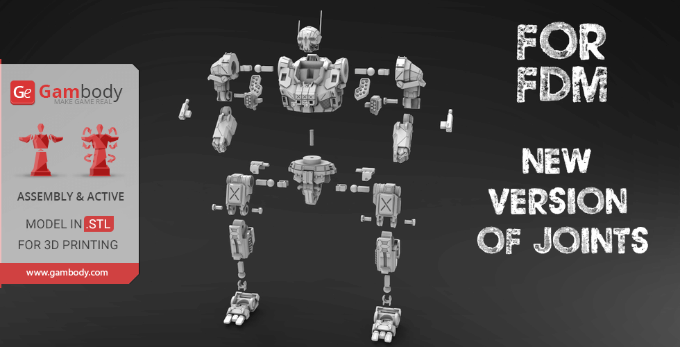 3D model of an Atlas mech in assembly parts, suitable for FDM printing with updated joints.