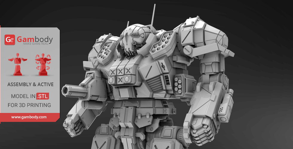 A detailed 3D model of a futuristic armored robot with cannons, designed for 3D printing.