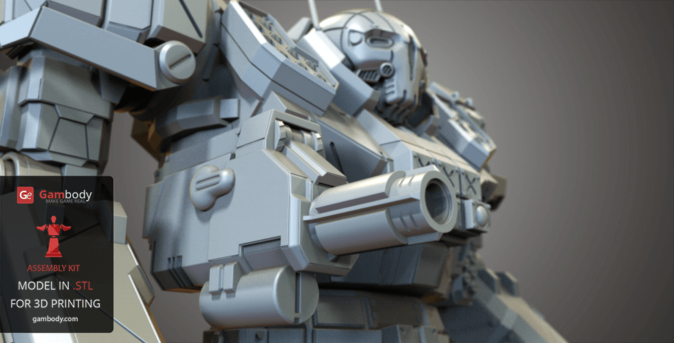 A detailed 3D model of a robotic mech with intricate armor and weaponry, ready for 3D printing.