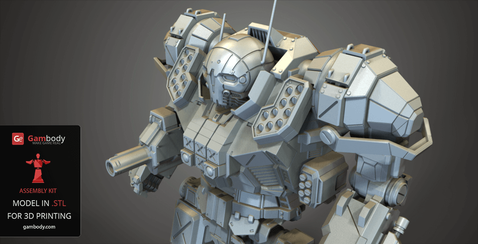 A detailed 3D model of a futuristic, armored mech robot for 3D printing.