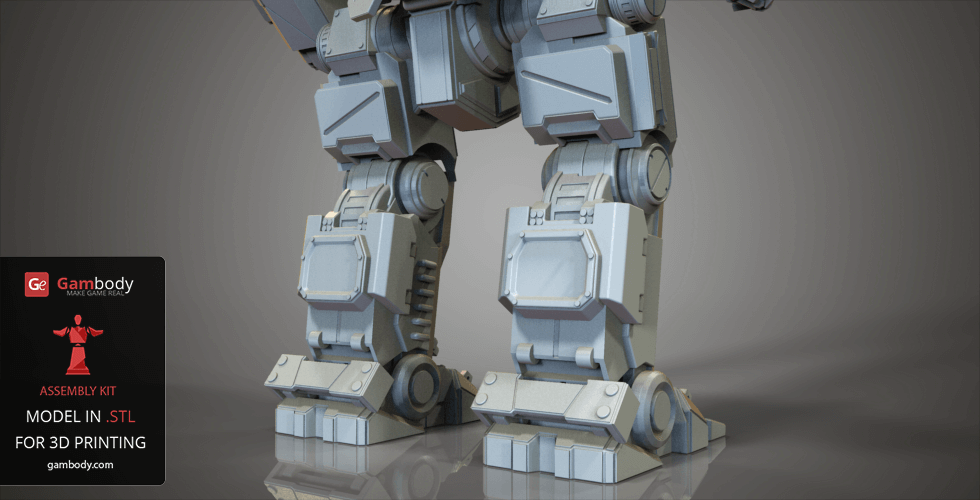 Robotic legs of a mech model, detailed for 3D printing, displayed on a grey reflective surface.