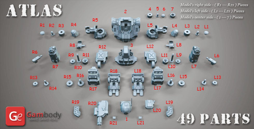 3D model parts labeled for assembling the MWO Atlas, arranged in sections for printing.